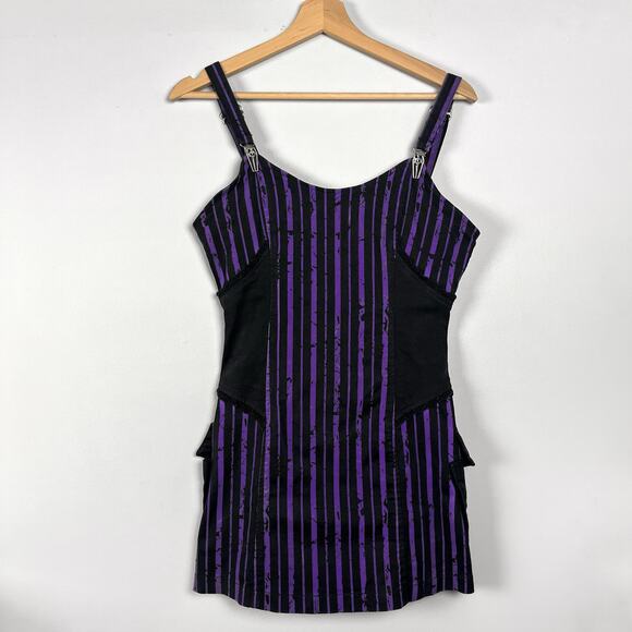 Lip Service Ghoul School Fright Night Out Striped Purple Black Mini Dress Goth - Picture 1 of 16